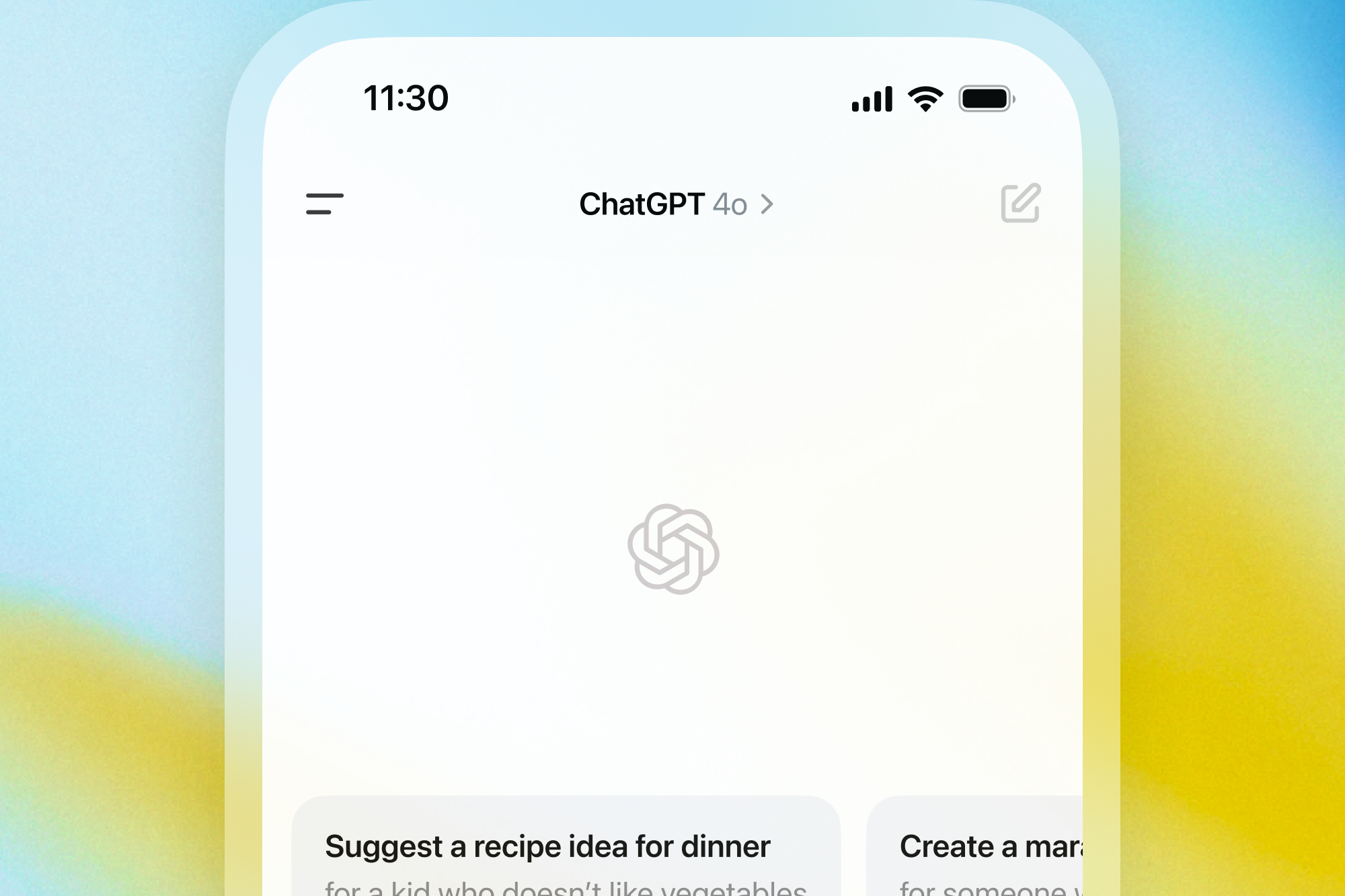 A home screen for the ChatGPT app shows its logo.