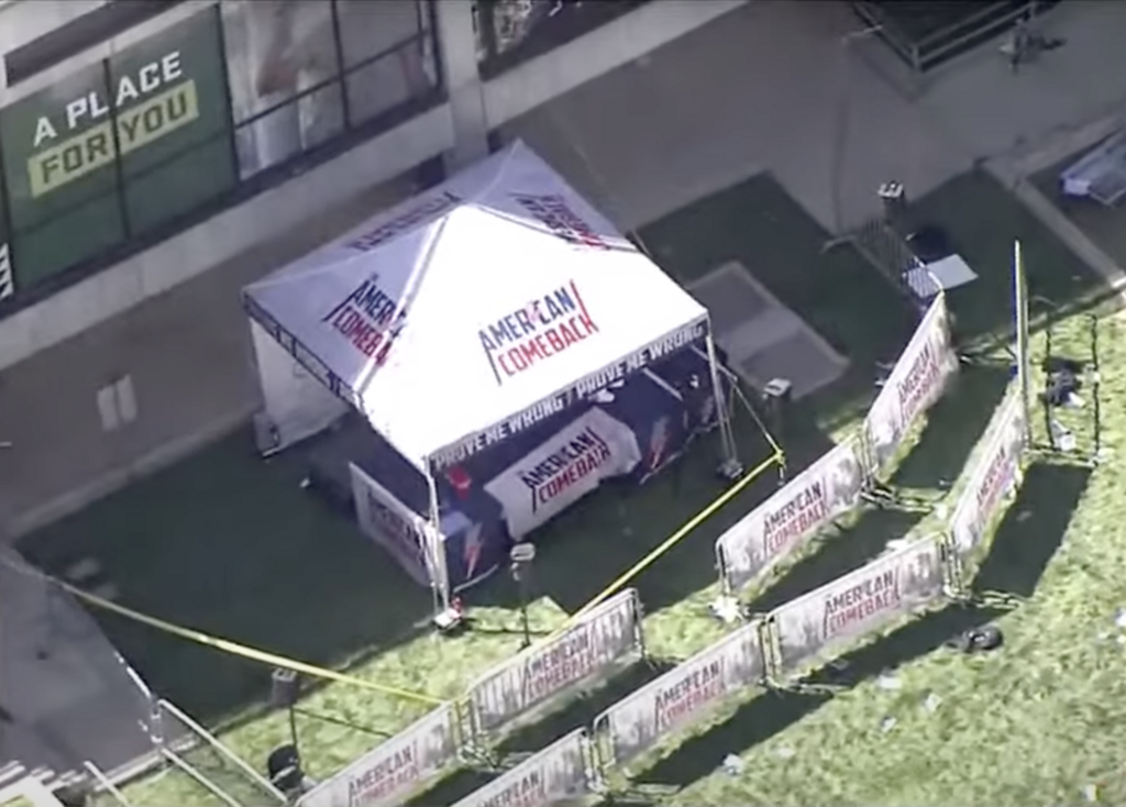 An aerial view of a gazebo at the site of the Charlie Kirk shooting
