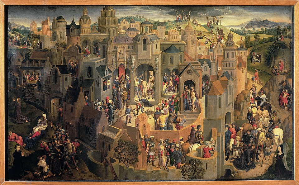 A painting of a medieval cityscape.