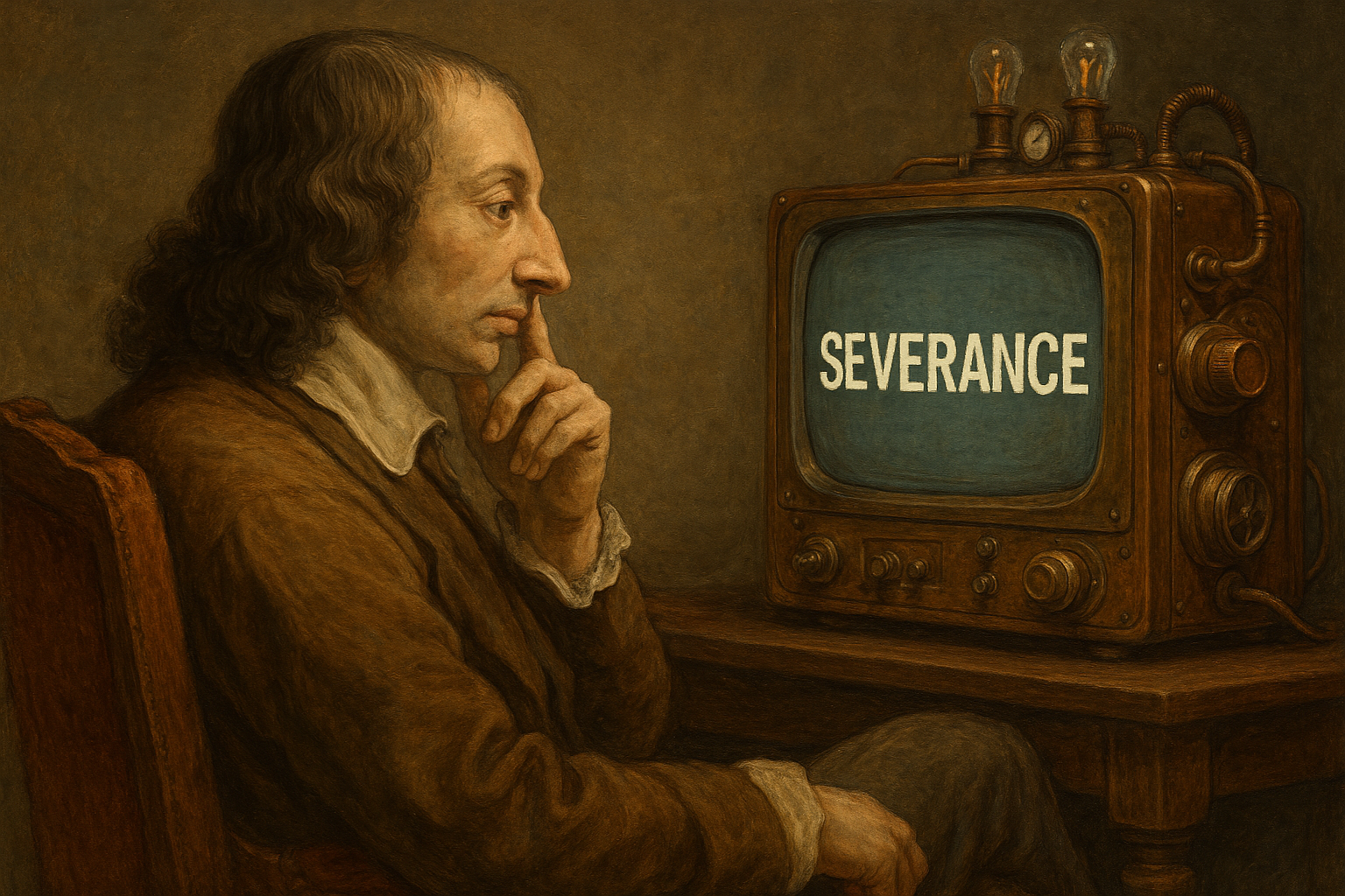 Pascal ponders a steampunk TV showing Severance.