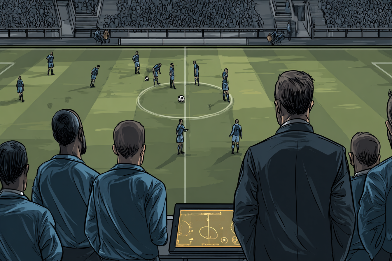 An AI image of apathetic football players being watched by dis-spirited fans.