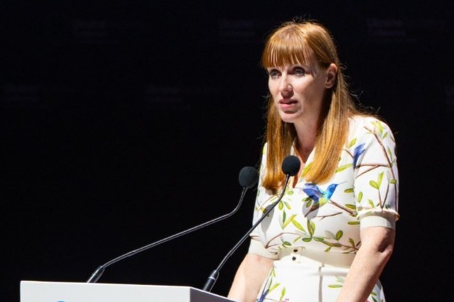 Angela Rayner pauses while delivering a speech