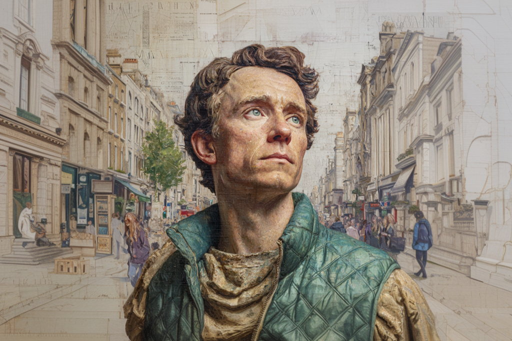 An AI image shows a contemporary man looking to the distance in a heroic pose.