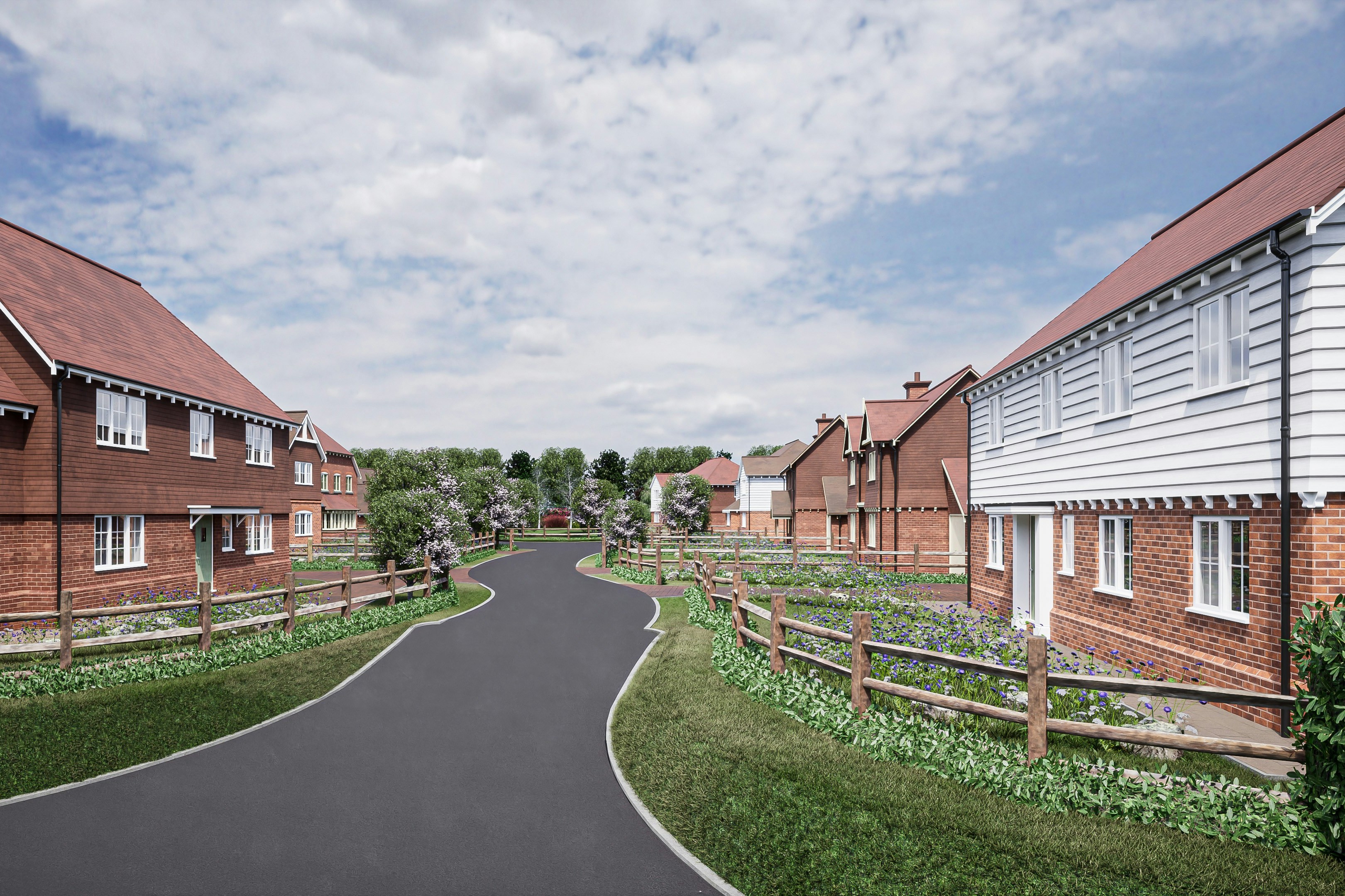 A render of a new housing estate showing a road, wooden fences and clapperboard hosues.
