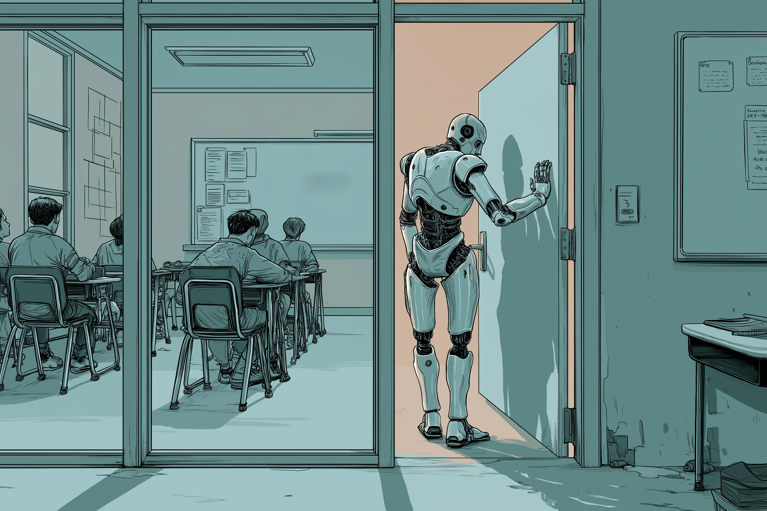 A cyborg like figure opens the door to a classroom.