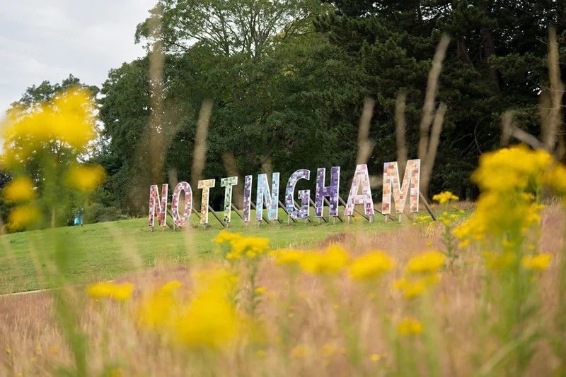 A campus sign spells out Nottingham in large letters