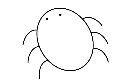 A line drawing of a flat round bug with six legs and two eyes.