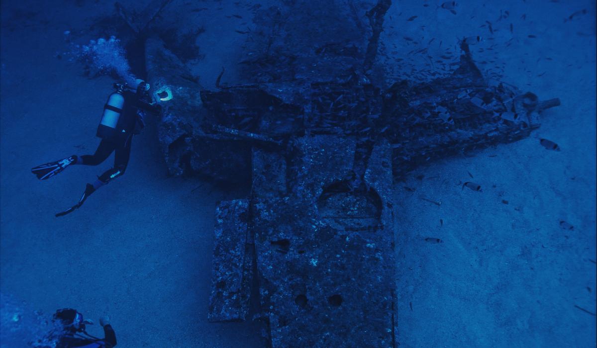 A diver swims above a crashed plane lying on the sea bed.