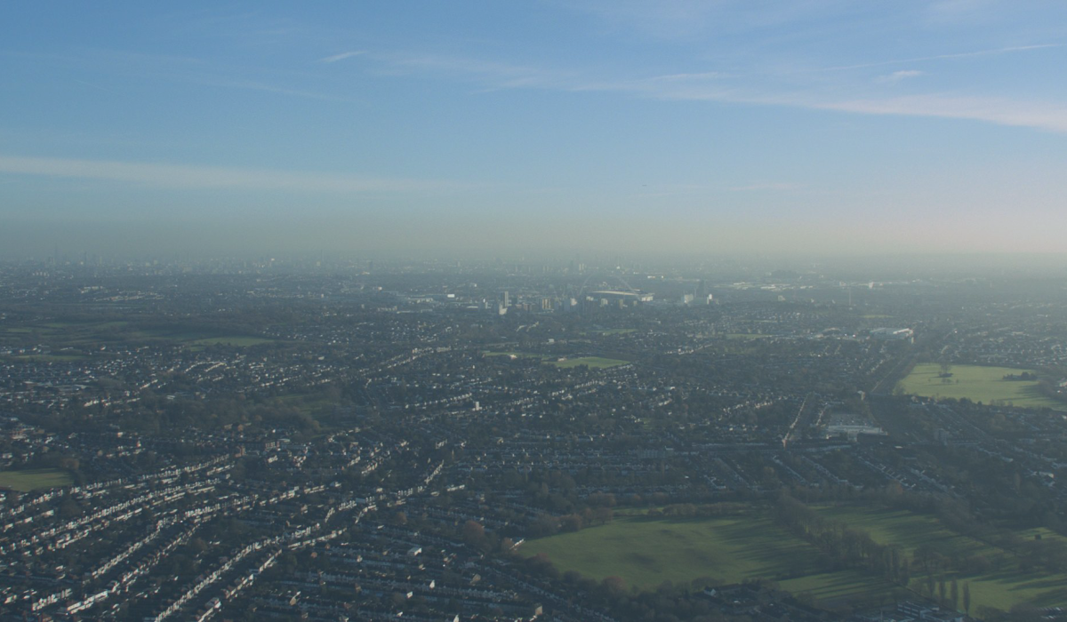 An aerial view across West London towards Grenfell Tower