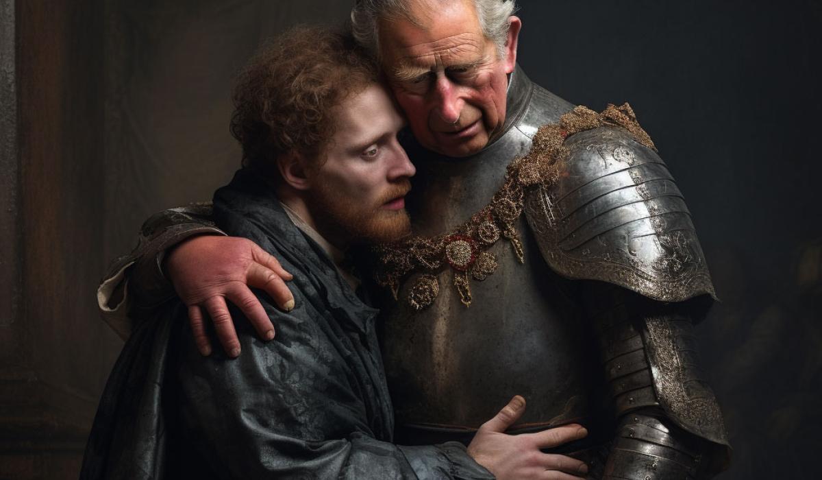 In the style of a Rembrandt painting Prince Harry embraces his father King Charles.