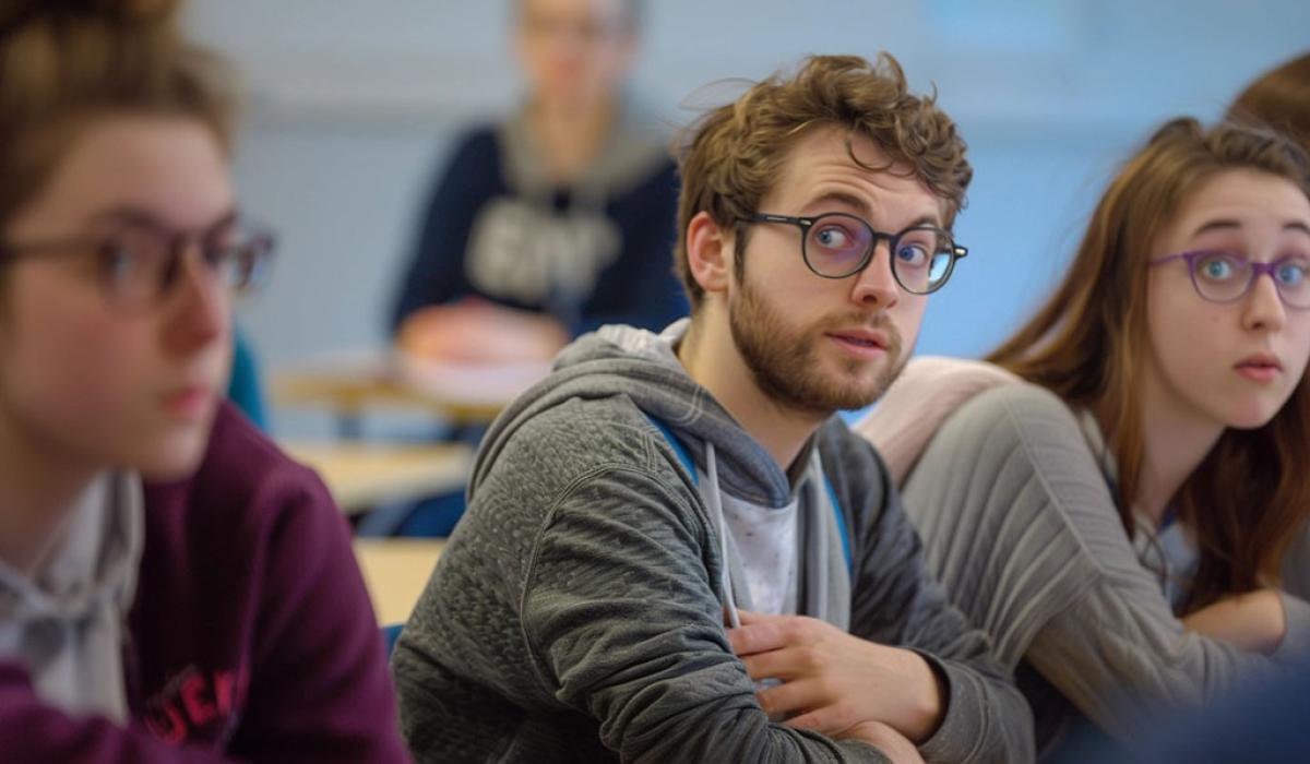 Quizzical-looking students look across a tutorial to others.