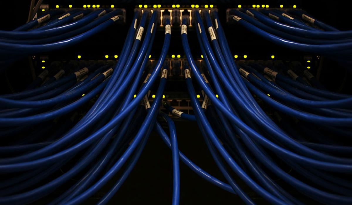 blue cables converge on a server.