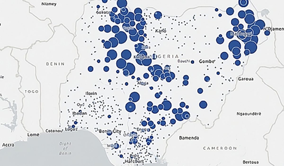 A data map shows circles of varying size across a map of Nigeria