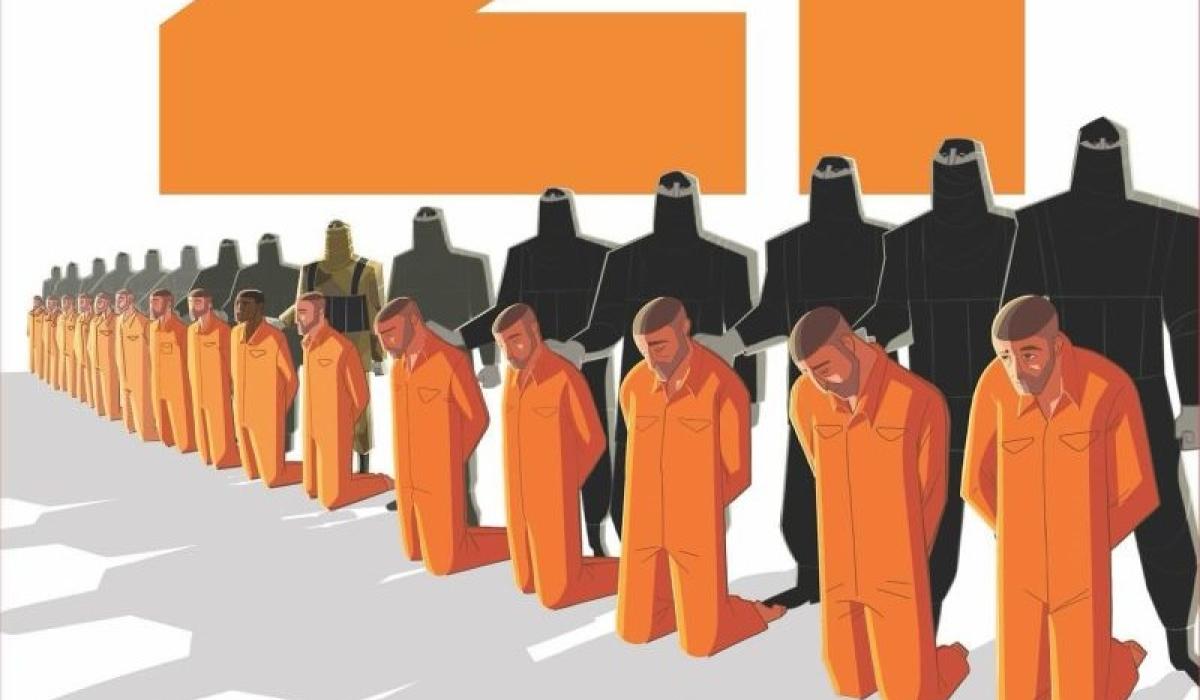 An graphic image shows 21 men in orange suits kneeling in front of executioners in black.
