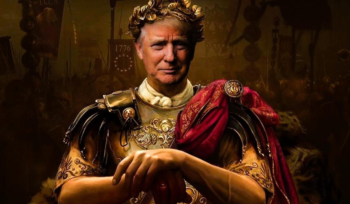 A montage shows Donald Trump as a Roman emperor leaning on a sword