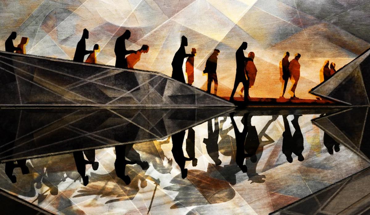 An animated scene shows a dark sky under which prisoners are marched along a river.