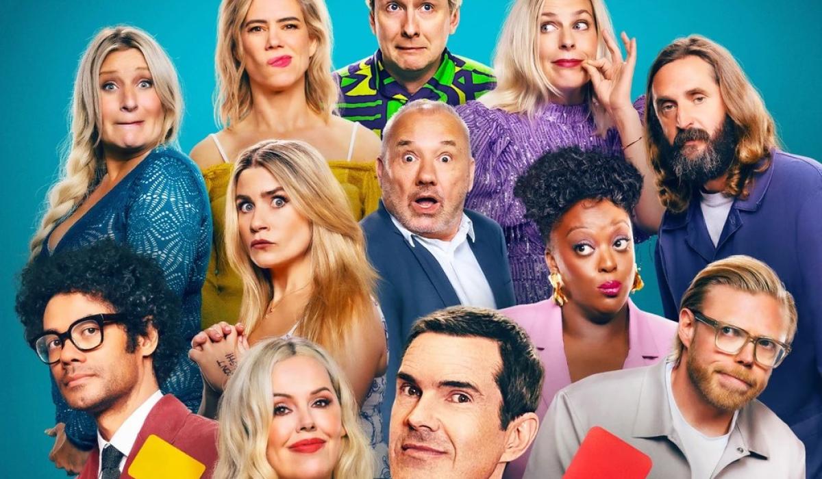 A montage shows a group of comedians trying not to laugh.
