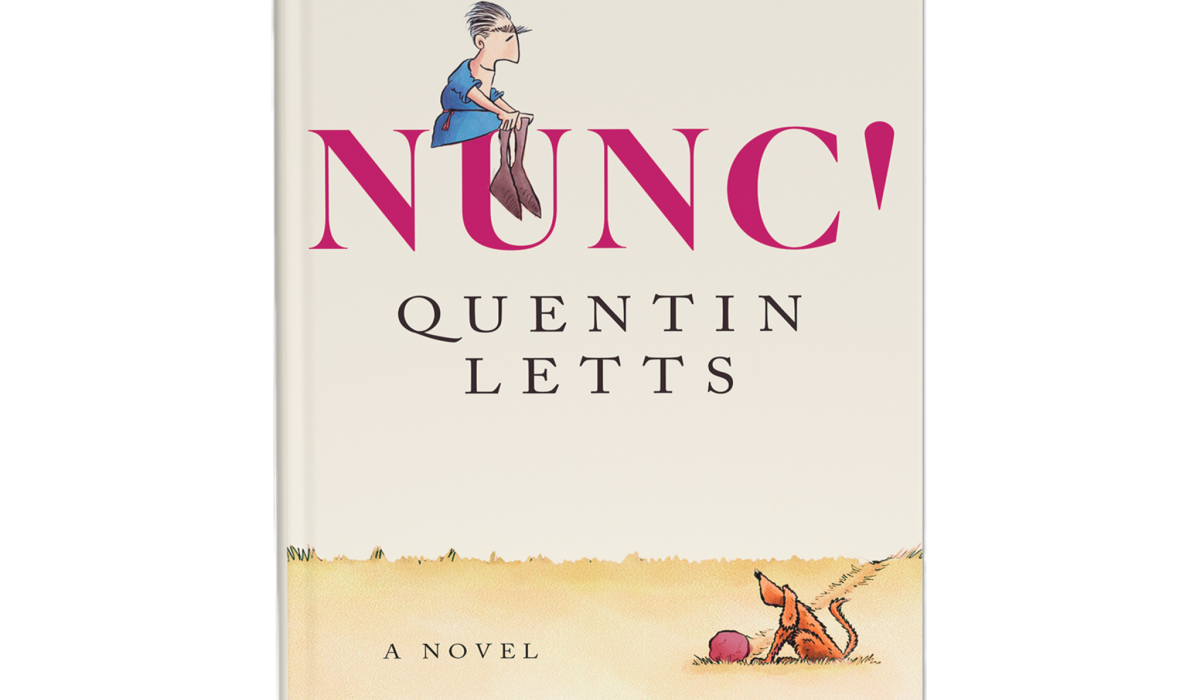 A book cover shows a cartoon man sitting on the title text while a dog sits below.