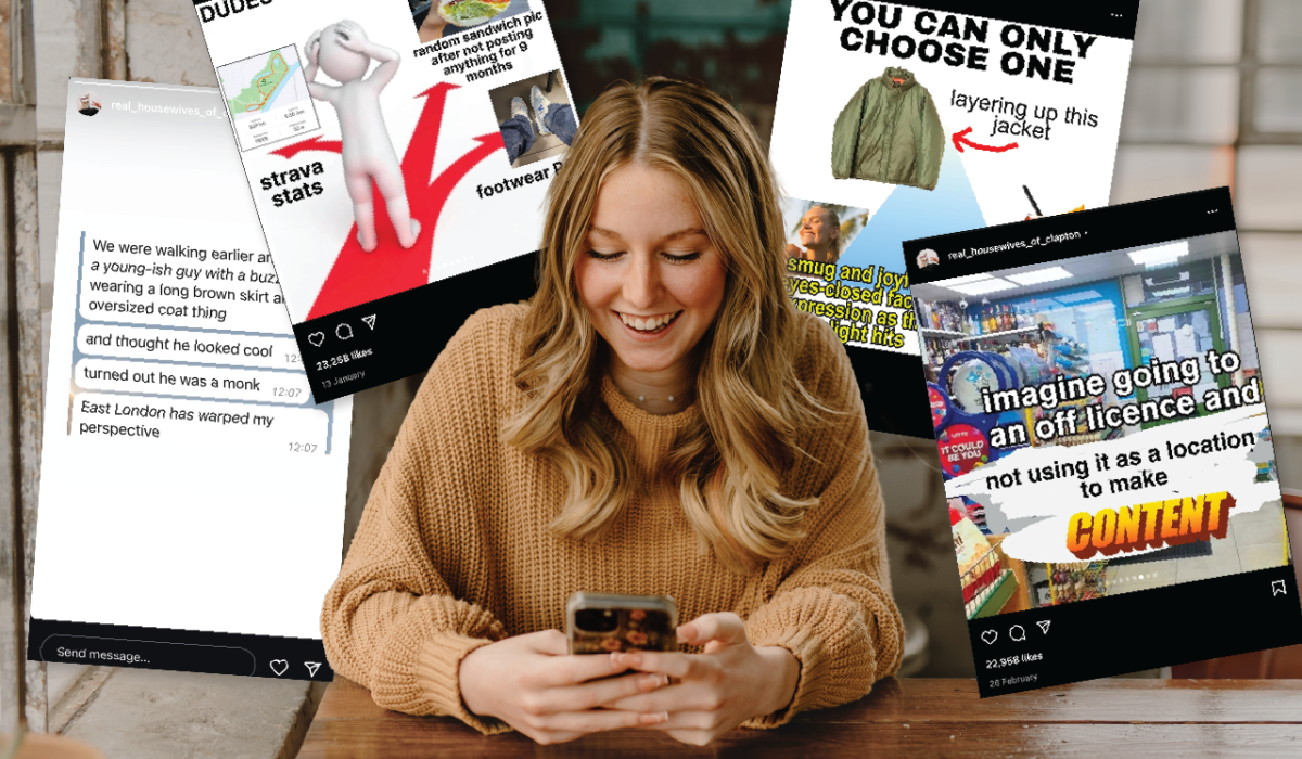 A woman looks at her phone, behind her is a montage of memes