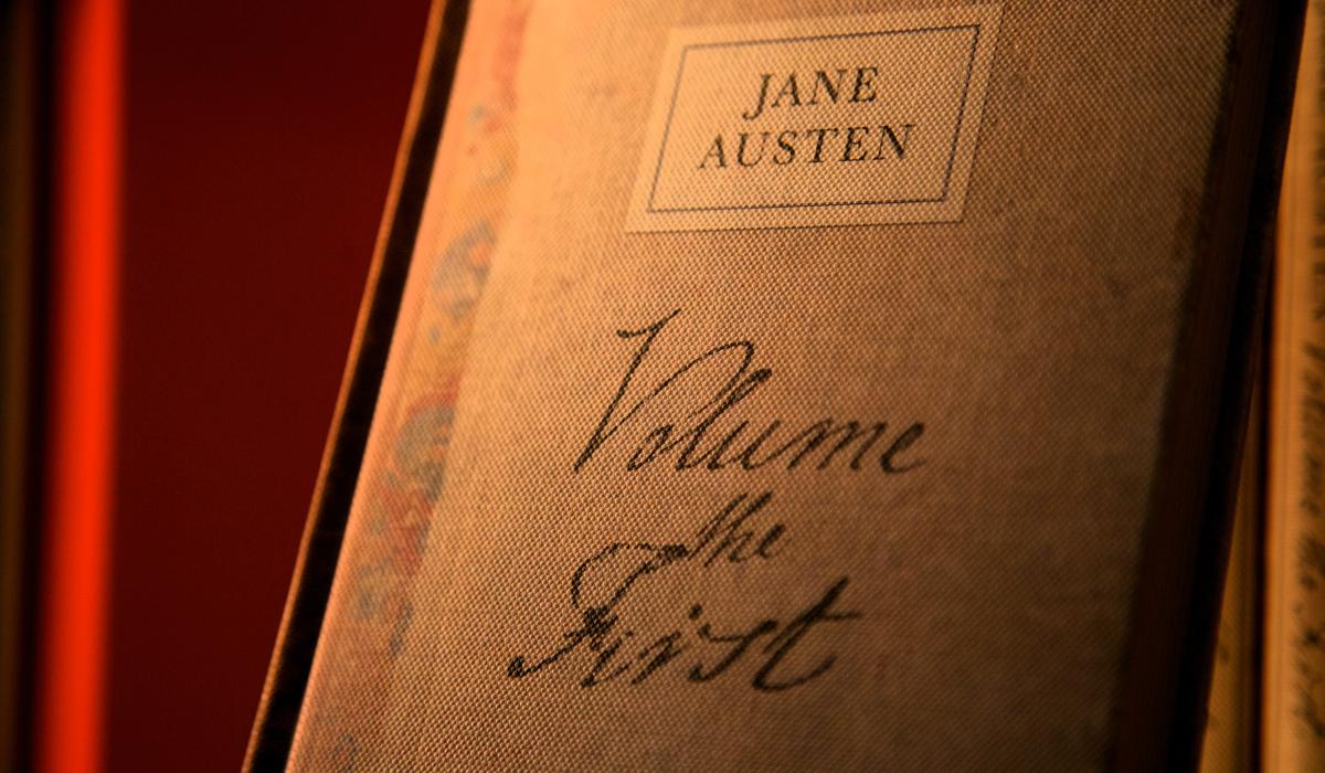 A book cover with a handwritten title that reads: Jane Austen volume the first