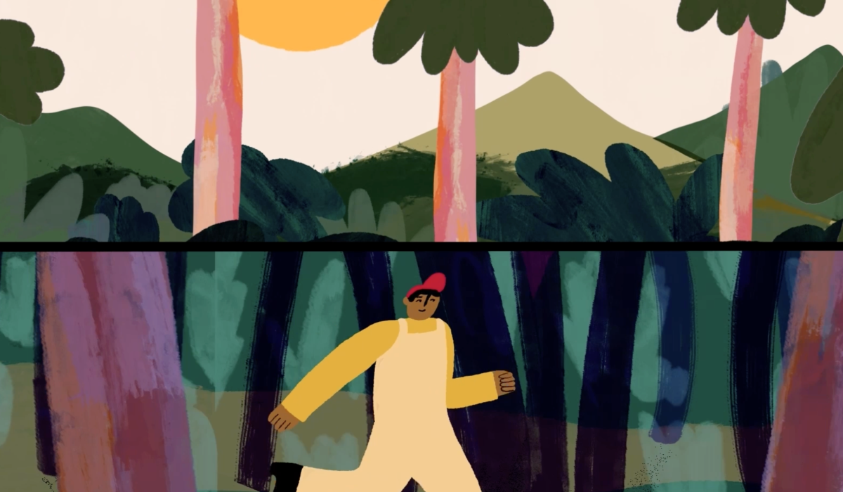 An animated man runs through a jungle.
