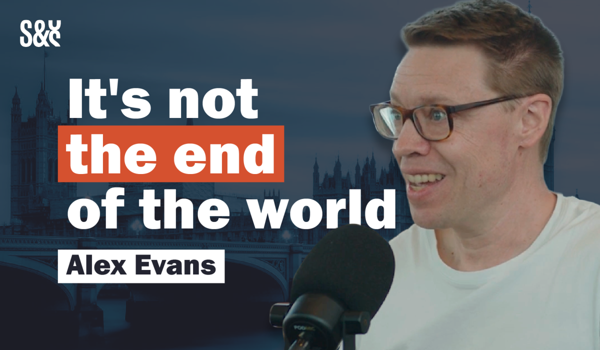 A video grab of a man talking with text beside him reading: it's not the end of the world.