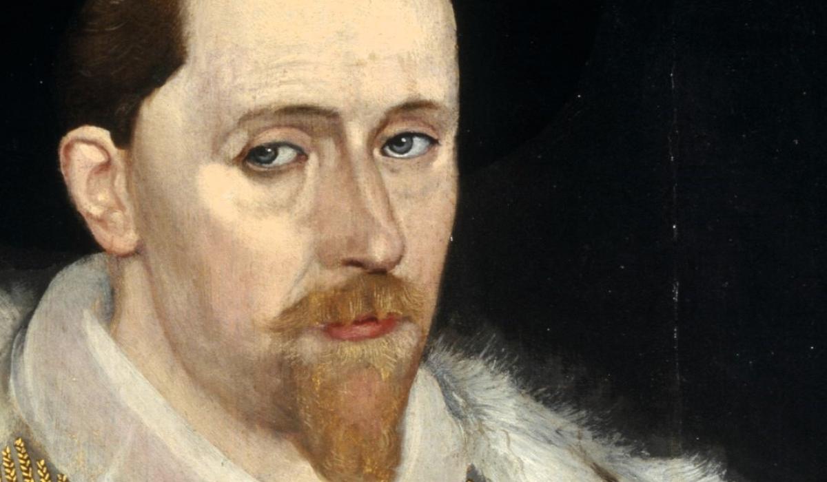 A portrait of King James VI, his eyes fix the viewer.