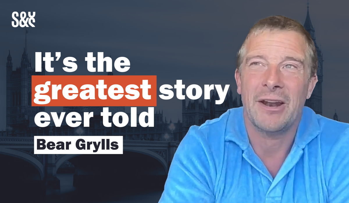 Bear Grylls talks next to a caption reading 'it's the greatest story ever told.