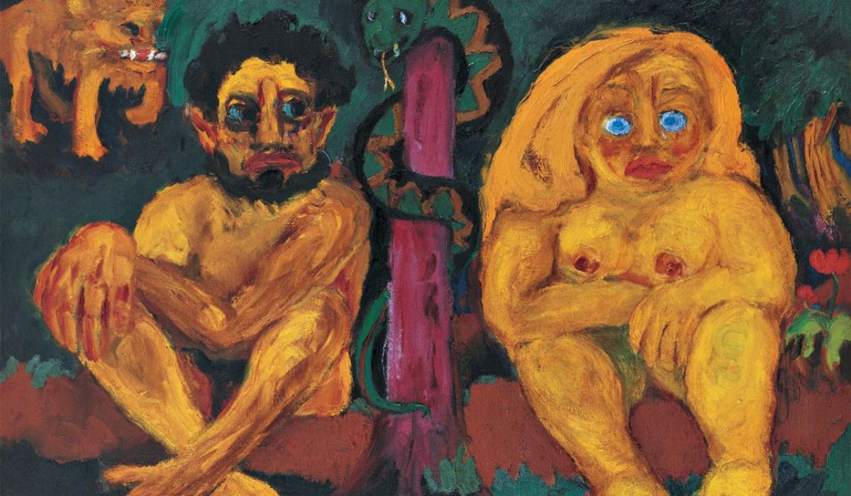 A painting show Adam and Eve wide-eyed after the fall.
