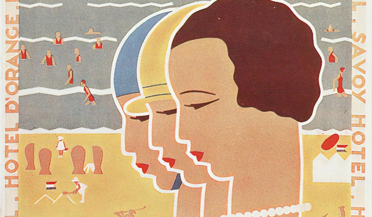 An art deco poster shows the heads of three woman against a beach background.