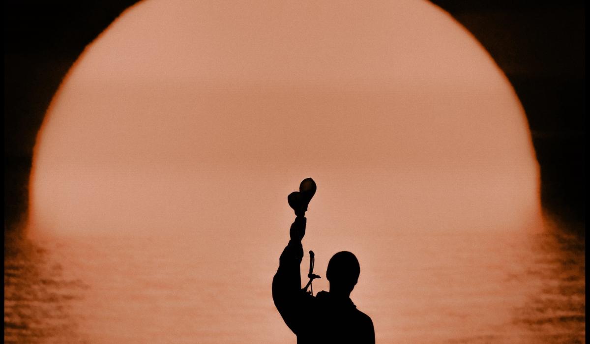 A silhouette of a musician holding up shakers.