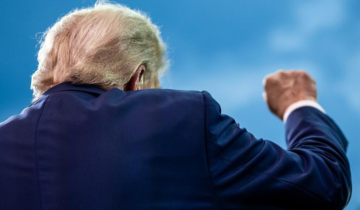 Viewed from behind, Trump raises a fist.