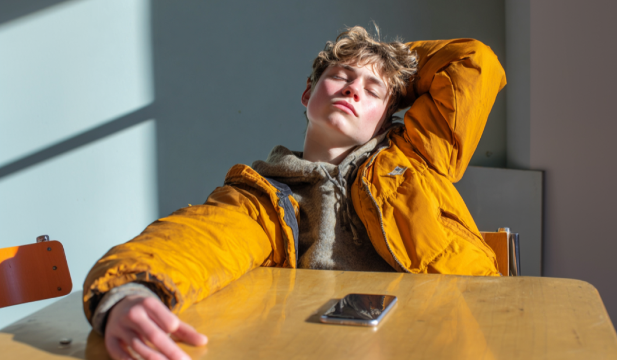 A seated teenager stretches back bored, a phone is on the table in front of them