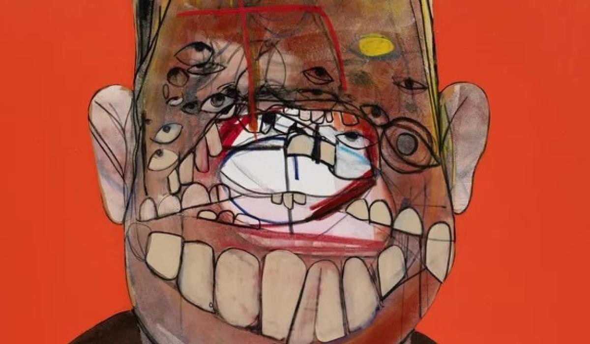 AN experessionist painting shows a face with a large open smile and many eyes.