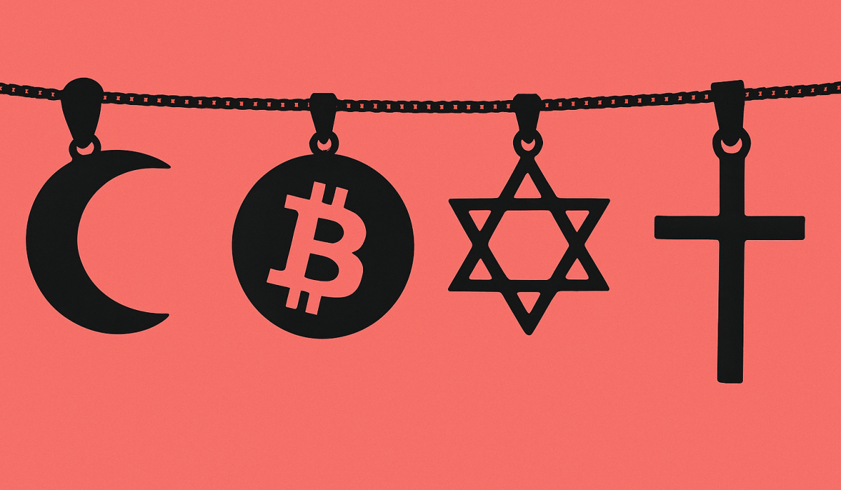  An image show a braclet that has a bitcoin symbol beside a cross, a crescent and a Star of David.