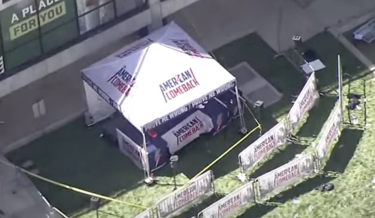 An aerial view of a gazebo at the site of the Charlie Kirk shooting