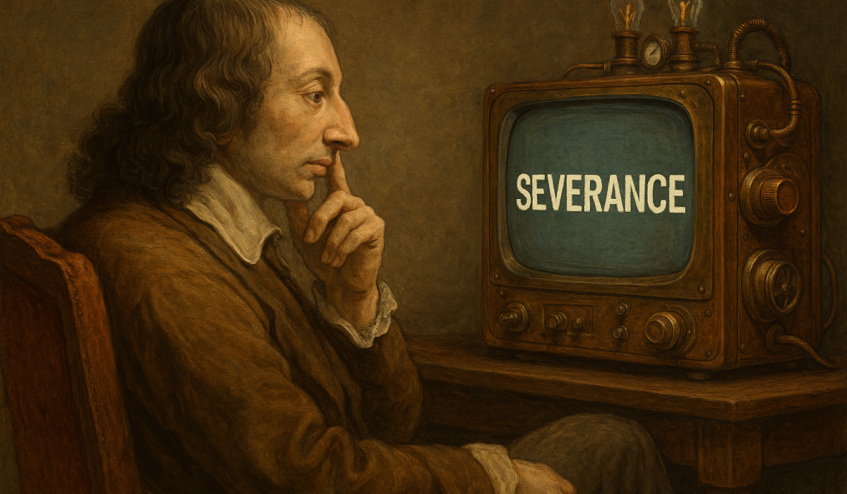Pascal ponders a steampunk TV showing Severance.