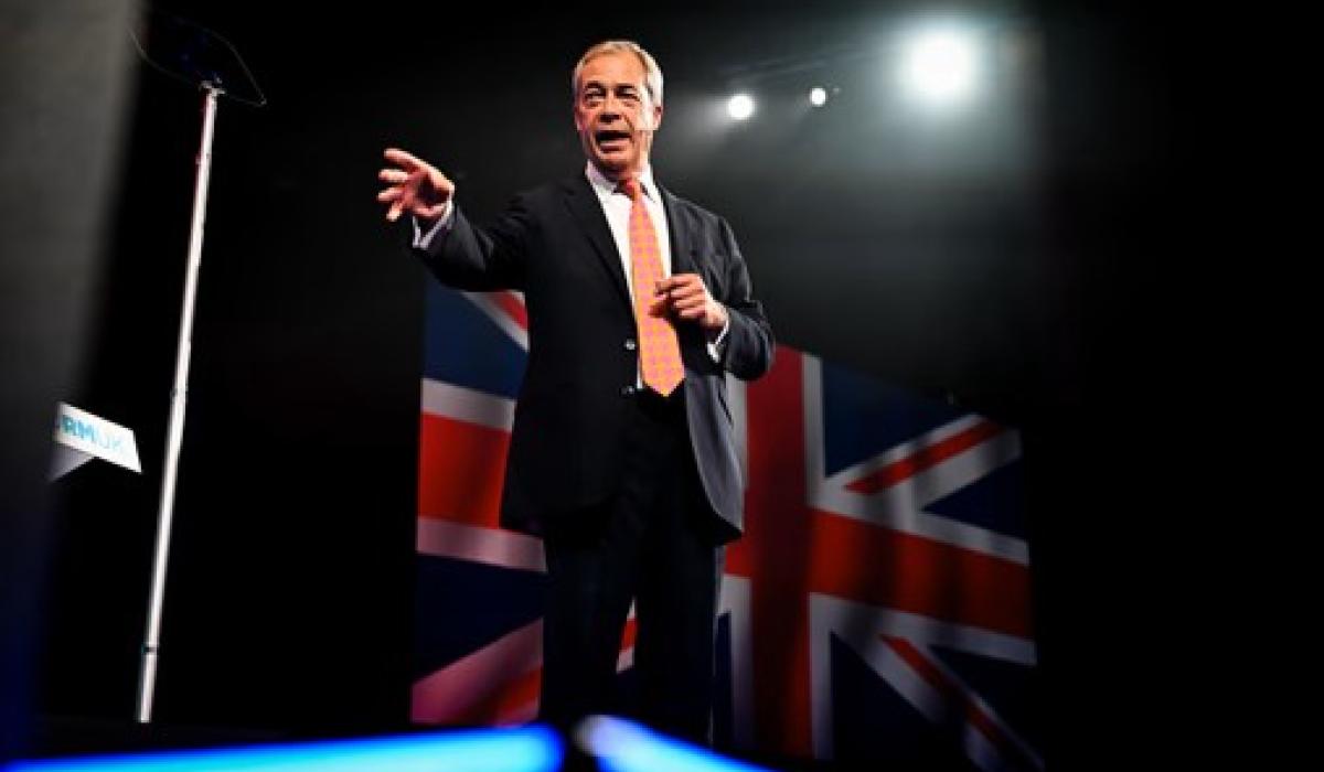 Nigel Farage stands and gestures in front of a flag.
