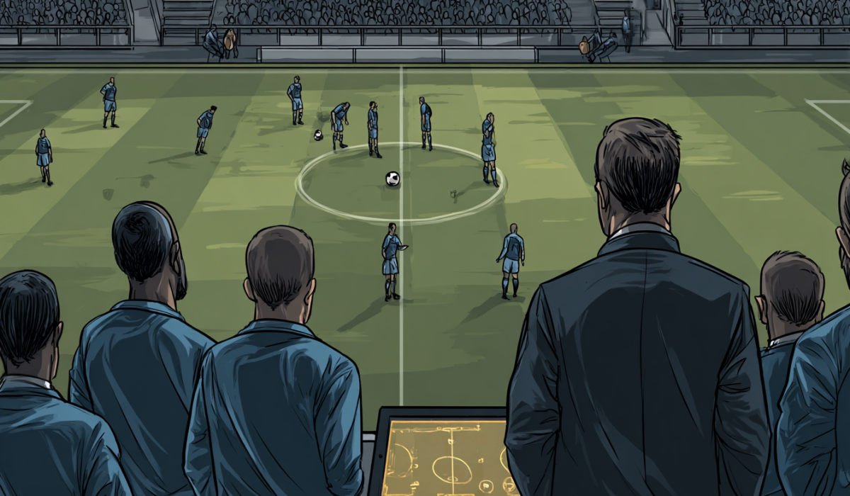 An AI image of apathetic football players being watched by dis-spirited fans.