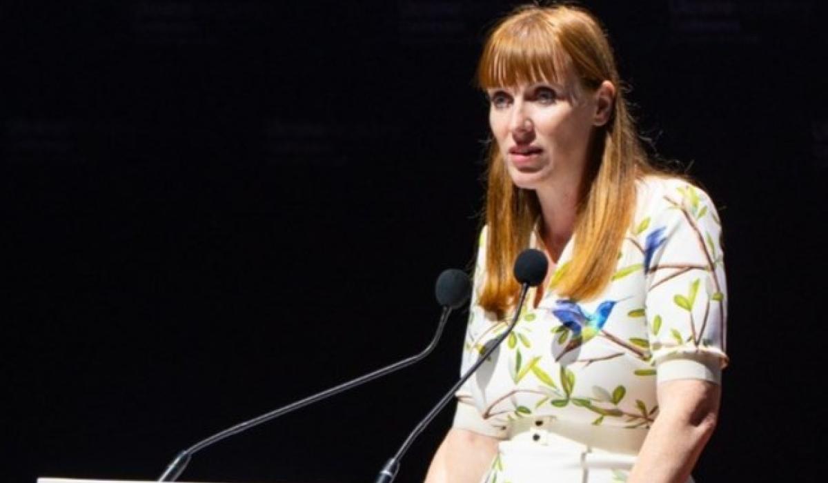 Angela Rayner pauses while delivering a speech