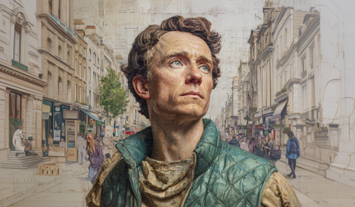 An AI image shows a contemporary man looking to the distance in a heroic pose.