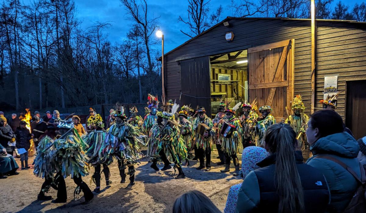 Wassailers emerge from a shed beside a wood