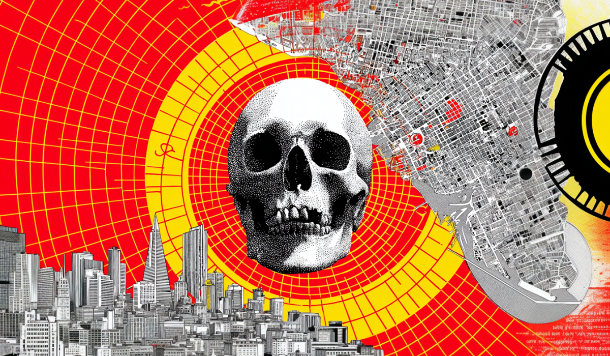 An AI montage show a black and white school at the centre of a red and yellow circular grid upon which are the San Francisco skyline and map.