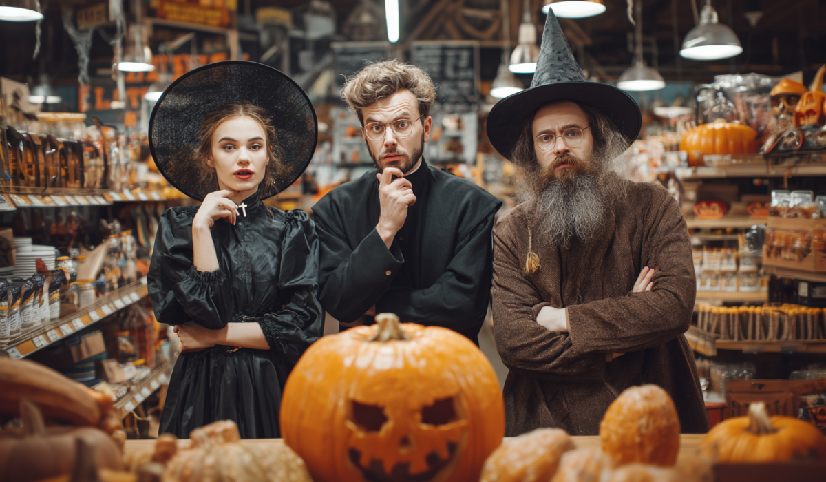A witch, a priest and a druid stand in a store and look quizzically towards a halloween pumpkin