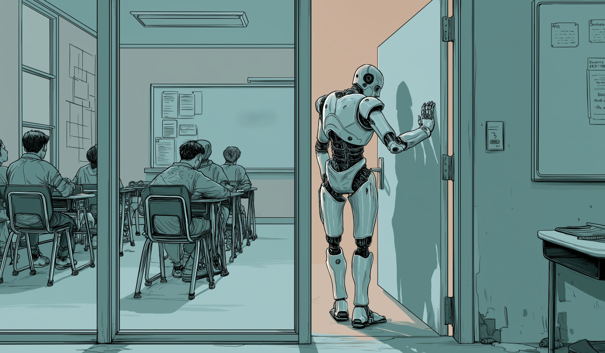 A cyborg like figure opens the door to a classroom.
