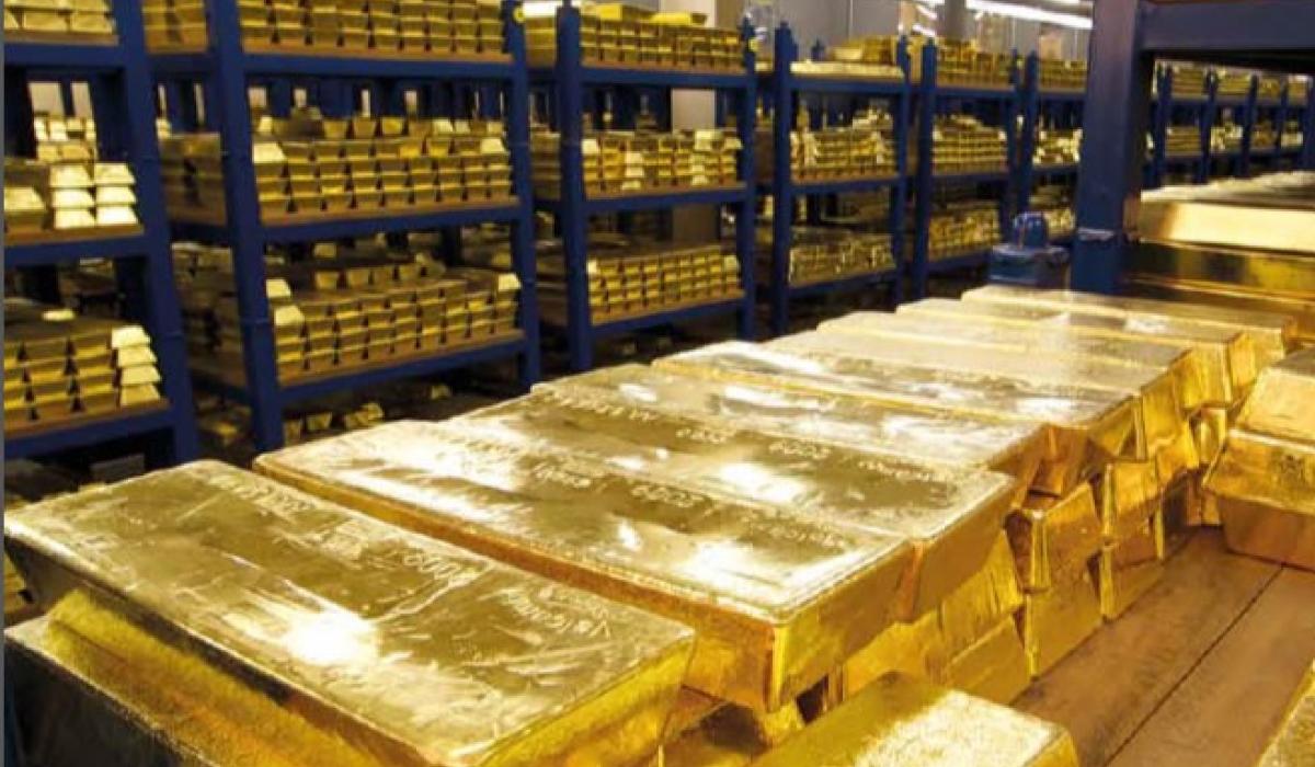 Gold bars stacked in the Bank of England vault.