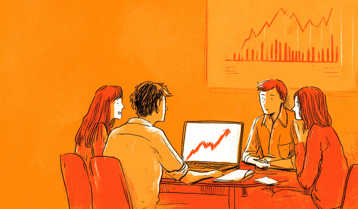 An illustration of a family around a table looking at graph on a laptop.