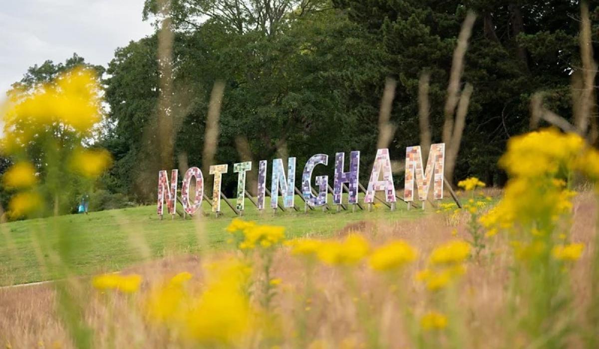 A campus sign spells out Nottingham in large letters