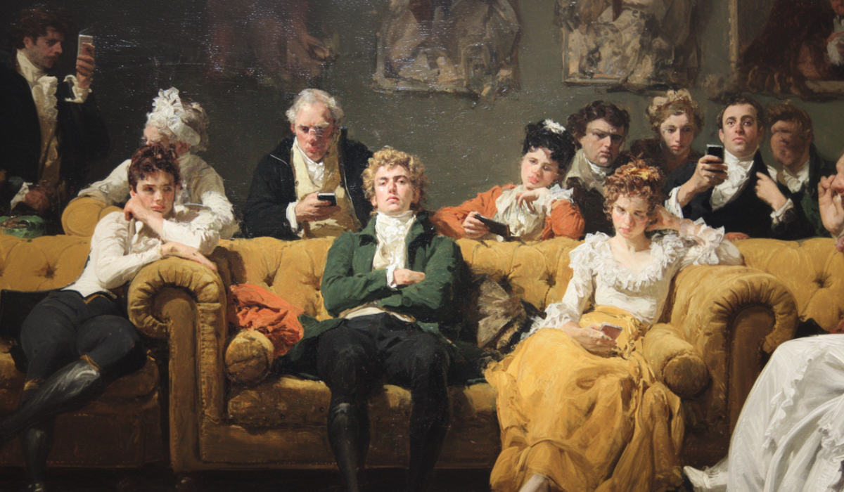 In the style of a Raeburn portrait, a set of young people lounge around on their phones looking diffident