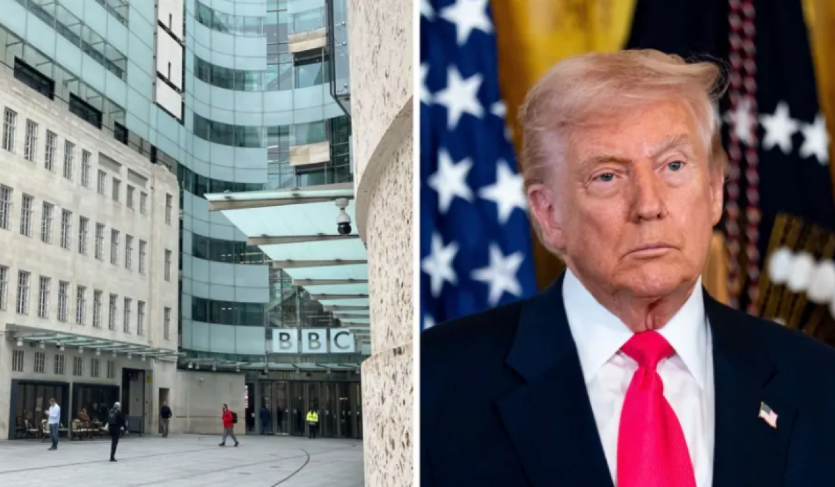 A composite images shows the entrance to the BBC on one side and Donald Trump on the other